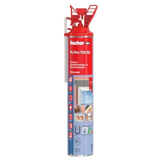 fischer Premium Schnellmontage- und Brunnenschaum PU Pro 750 B2, Bauschaum zum Verkleben, Abdichten und Füllen, PU-Schaum inkl. Fix-Adapter für sofortigen Einsatz und Wiederverwendung, 750 ml, beige