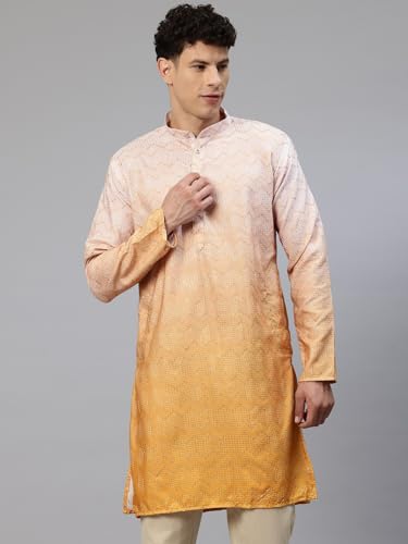 Image of Luxrio Men's Ombre Shaded Sequence Self Embroidered Textured Long Kurta Full Sleeves - Casual Ethnic Wear