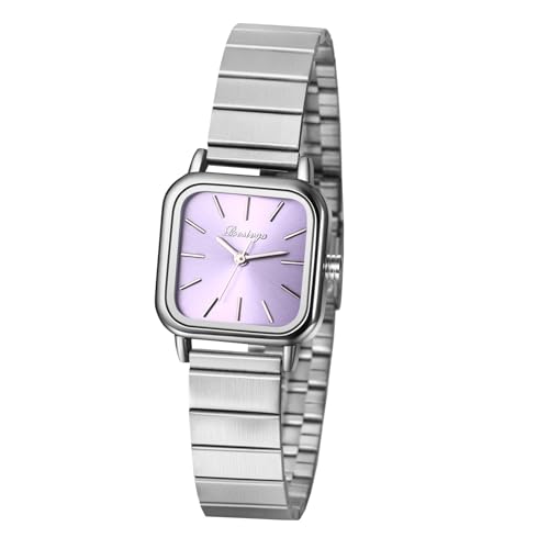 JewelryWe Reloj Cuadrado Analógico Mujer: Escala de Barra Simple Elegante Correa de Acero Inoxidable Plata Ajustable Esfera Morada - para Ocio Negocios Regalos JewelryWe Reloj Cuadrado Analógico Mujer: Escala de Barra Simple Elegante Correa de Acero Inoxidable Plata Ajustable Esfera Morada - para Ocio Negocios Regalos