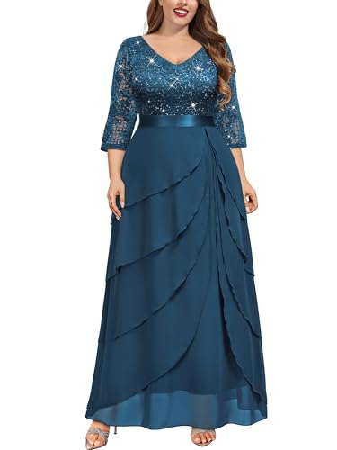 MISSMAY Women's Plus Size Sequins Lace Ruffle Tiered Layered Chiffon Formal Maxi Dress