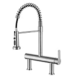 FLWUEUE 8“ Center Bridge Faucet, Deck Mount Pre Rinse Faucet, with Pull Down Sprayer, High Arc Single Handle Spring Commercial Sink Faucet, Brushed Nickel