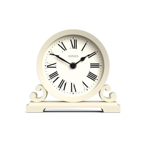 Jones Clocks® 'Saloon' mantel clock - classic double scroll design in pale cream with roman numerals, traditional style for desk, table, shelf, or bedside