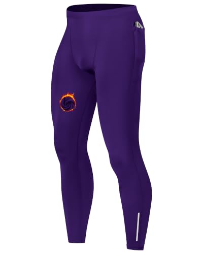 Moozava Mens Thermal Pants with Pockets Fleece Lined Compression Tights Athletic Base Layer Underwear Bottoms Sports Leggings Purple 2XL