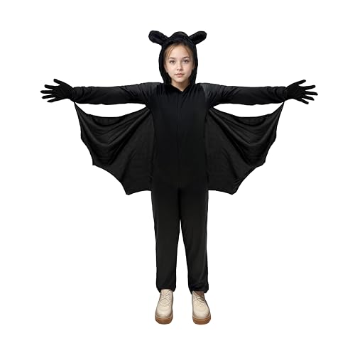 Halloween Bat Costume for Kids, Halloween Bat Jumpsuit with Matching Gloves Cosplay Costume for Boys and Girls