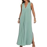 Vestido Largo sin Mangas con Cuello en V for Mujer, Vestido Largo Suelto e Informal con Abertura Lateral, Elegante Vestido de Verano(Azul,XXL)