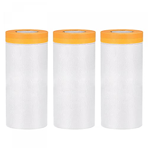 Image of uxcell Pre-Taped Masking Film, 9 ft x 49ft, Plastic Drop Cloth with High-Tack Painters Tape for Painting Protection Orange 3Pcs