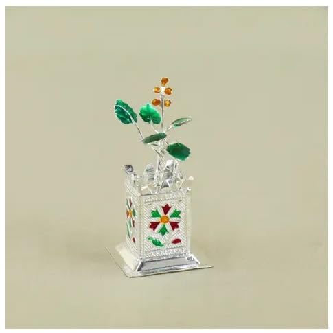 Image of 925 Sterling Silver Tulsi Basil Plant with Pot | Handcrafted Pooja Article for Home Temple | Auspicious Spiritual Decor | Prosperity Symbol | Gift for Diwali, Festivals, Housewarming