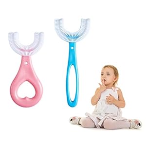 CaiTang 2 U-vormige tandenborstels voor kinderen, siliconen tandenborstel voor kinderen van 2 tot 12 jaar, handmatige tandenborstel in U-vorm met siliconen borstels, volledige gebitsreiniging (roze + blauw)