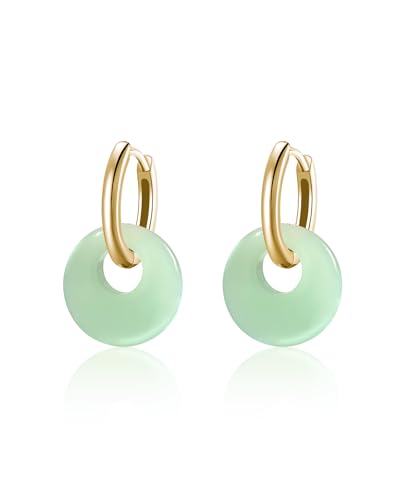 Jade Earrings for Women, 14K Gold Plated Aventurine Crystal Huggie Hoop Earring for Trendy Green Jade Hoop Dangle Jewelry