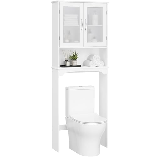 Yaheetech Over The Toilet Storage Cabinet with Double Tempered Glass Doors and Adjustable Shelf, Freestanding Bathroom Storage Rack, 66 Inches Height