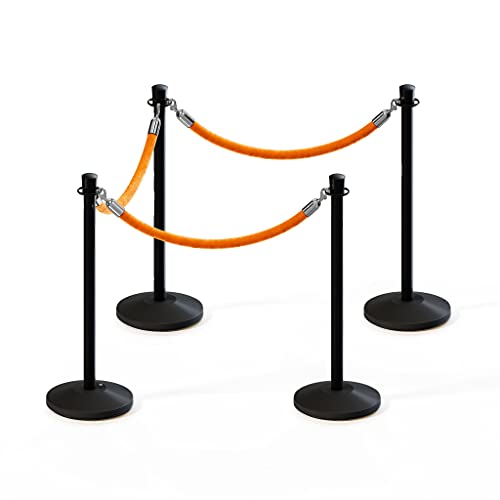 CCW Post and Rope Stanchion Kit with 4 Black Crown Top Posts and 3 Gold Heavy Duty Velvet Cotton Core Ropes (6ft.Each) in Polished Stainless Snap Ends
