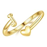 M MOOHAM Initial Rings for Women - 14K-Gold-Plated Rings for Women Trendy Letter J Heart Initial Ring Adjustable Pinky Ring Dainty Small Jewelry Gifts