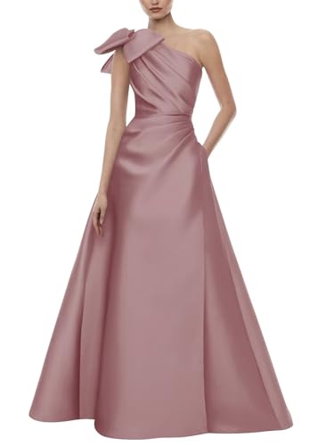 SoDigne One Shoulder Satin Prom Dresses with Bow Pleated Mother of The Bride Dress A Line Long Formal Evening Gowns