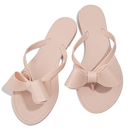 Image of TYFLOVE Women Rivet Flip Flops Studded Jelly Thong Sandals with Bow Summer Bowtie Flat Beach Rain Shoes