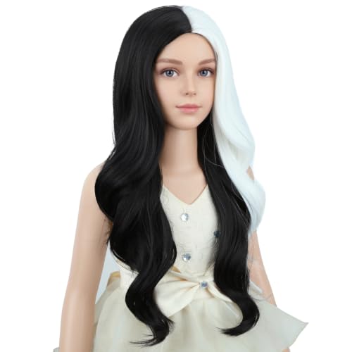 Image of PATTNIUM Black and White Wig for Girls Kids Long Curly Wigs Black Highlights White Middle Part Heat Resistant Synthetic Wigs with Wig Cap