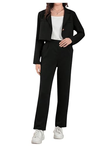 Image of Milumia Girl's 2 Piece Outfits Lapel Collar Button Open Front Long Sleeve Blazer and Pants Set Black 14 Years