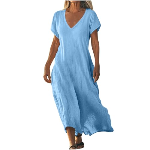 Tomwell Sommerkleid Damen V-Ausschnitt Musselin Kleid Kurzarm Hemdblusenkleid Sommer Leinenkleid mit Schlitz A Blau M