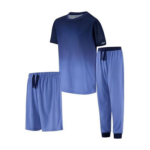 Image of US Angels Boys Pajamas Set | 3-Piece Pant, Shirt, Shorts Sleepwear Pjs for Kids | Loose Fit, Soft, Breathable Blue Plaid