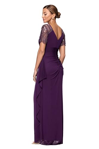 Image of Xscape Floor Length Jersey Knit Evening Gown with V-Neckline, Beaded Flutter Sleeves and Ruched Draping