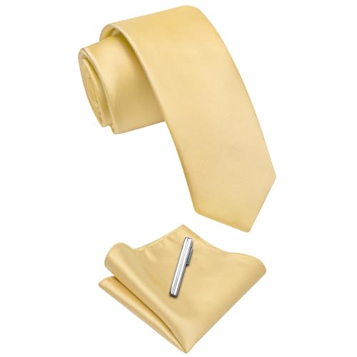 Image of YourTies Skinny Ties for Men Satin 2.4 inch Slim Necktie with Pocket Square Tie Clip Set Solid Color Wedding Party Business