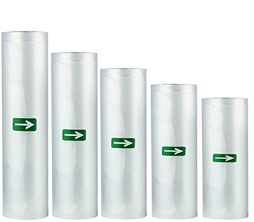 Sacs sous vide alimentaire,5 rouleaux sac mise sous vide,sac machine sous vide costaud pour préserver les aliments plus longtemps permettent de découper le sac,sans B.P.A et LFGB Approuvé,5 tailles