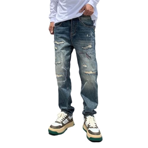 Men's Ripped Patch Embroidered Jeans High Street Tapered Jeans