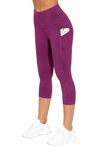 Image of THE GYM PEOPLE Thick High Waist Capris Yoga Pants with Pockets, Tummy Control Workout Running Yoga Leggings for Women
