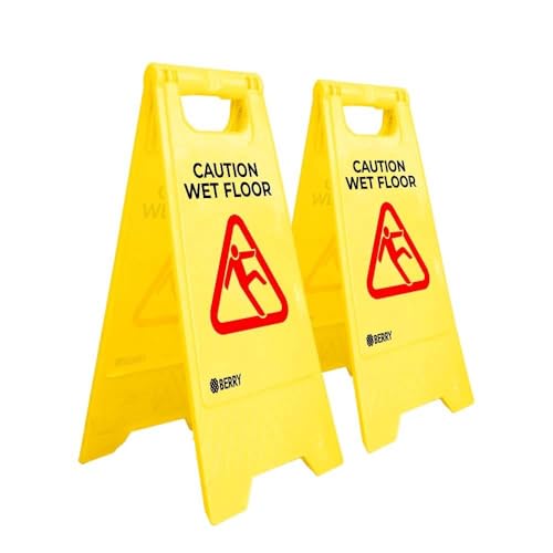 BERRY Set of 2 Caution Wet Floor Sign - Slippery Floor Warning A Board - Two Side Foldable Type A Slippery Floor Sign - Freestanding Warning Sign for Businesses, Hotels, Malls, Restaurants