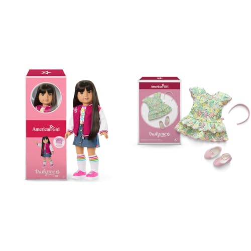 Image of American Girl Truly Me 18-inch Doll #130 with Brown Eyes, Straight Black-Brown Hair, Light-to-Medium Skin + Pastel Petals Dress, with Headband & Flats, Ages 6+ Bundle