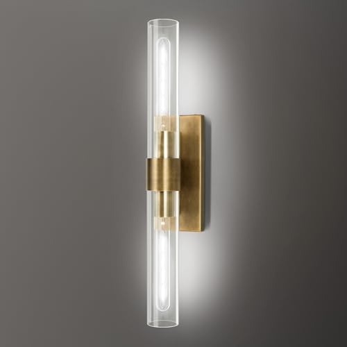 Image of Brass and Glass Wall Sconces, 22.8 inch Vanity Lights for Bathroom 2 Lights, Horizontal or Vertical Linear Gold Wall Lamp, Indoor Sconces Wall Lighting, Tube Sconce for Living Room, Hallway