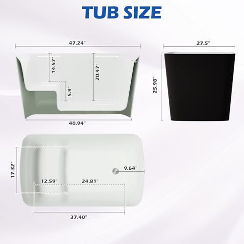 Mokleba 47" Lucite Acrylic Freestanding Bathtub,Square Shape Janpanese Soaking Tub with Seat Desgin,Toe-tap Chrome Right Drain, Slotted Overflow, cUPC Certified,Matte Black