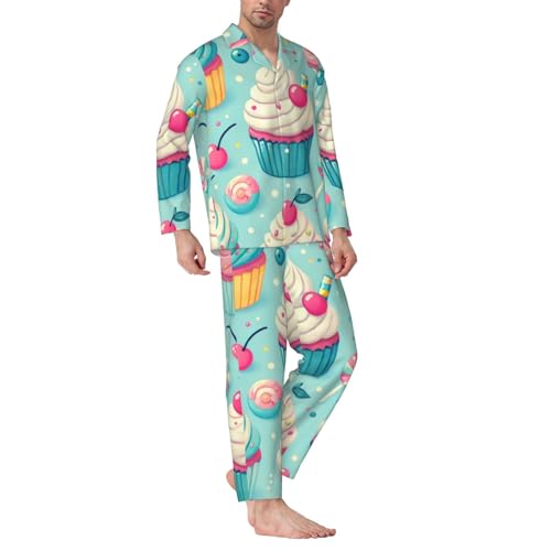 Mens Long Sleeves Pajama Set Blue Cupcake Muffin Cozy Two-Piece Loungewear For Nighttime Comfort,Casual Wear3