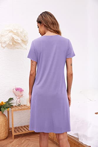 Image of Ekouaer Women's Nightshirt Short Sleeve Button Down Nightgown V-Neck Sleepwear Pajama Dress