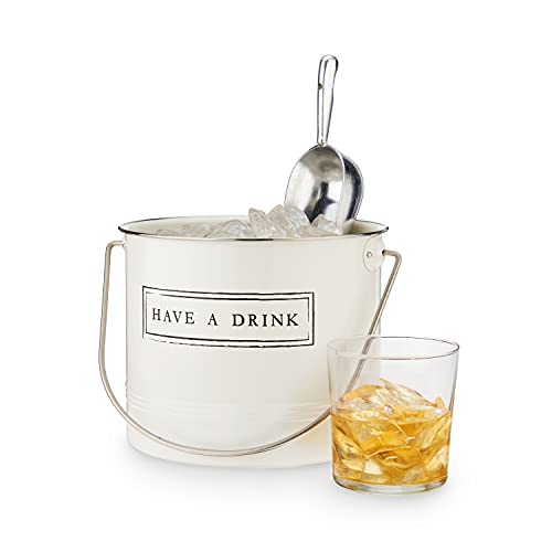 Twine Have A Drink White Enameled Metal Ice Bucket & Scoop for Parties - Wine Bottle And Beer Bottle Bucket in 1 Gallon