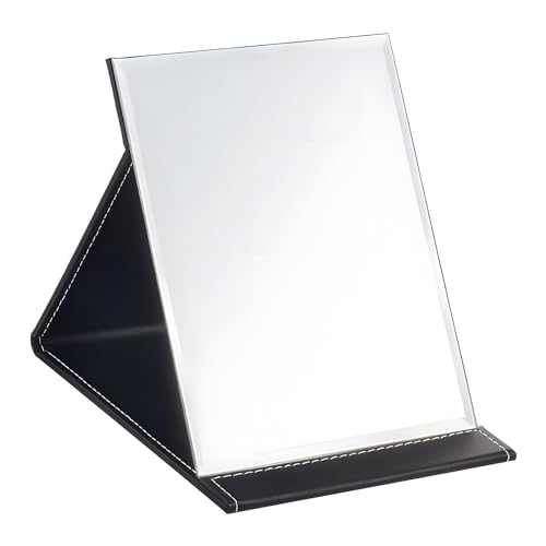 Ninoclar 17x12cm Portable Folding Mirror Super HD Compact Makeup Black PU Leather Travel Free Standing Vanity Mirrors Tabletop Foldable Mirror (Small) (17x12cm)