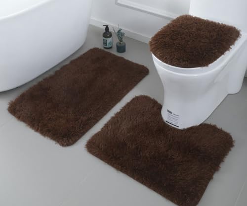 Weiche Mikrofaser Badezimmerteppich-Set, 3-teilig, Badematte + Konturmatte + Toilettensitzbezug, rutschfeste Badezimmerteppiche mit PVC-Punkt-Flanell-Rückseite, wasserabsorbierend, solides Braun