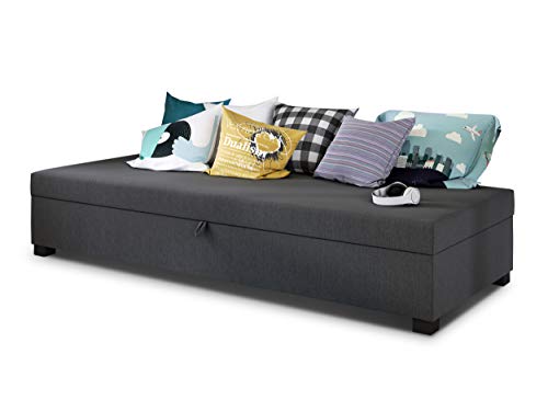 Einzelbett Misti - Sofa mit Bettkasten, Schlafsofa, Bettsofa, Farbauswahl, Bettgestell, Komfortbett, Bett für Jugendzimmer, Schlafmöbel (Graphit (Lux 06))