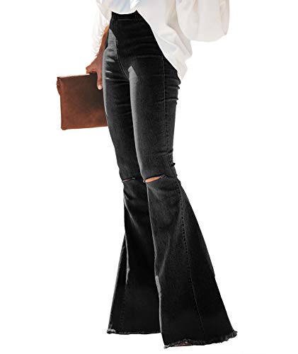 SEMATOMALA Women's Distressed Knee Hole Elastic Waist Pull-on Destoryed Flare Jeans Raw Hem Black Bell Bottom Denim Pants2