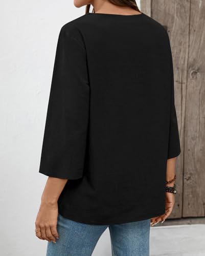 LOMON Womens 3/4 Sleeve Tops Cotton Linen Shirts V Neck Lace Casual Loose Fit Blouses Boho Fashion(Black,L)