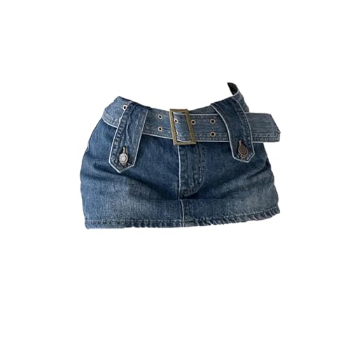 Women's High Waist Summer Denim Mini Skirt Wide Waistband Washed Denim Skirt