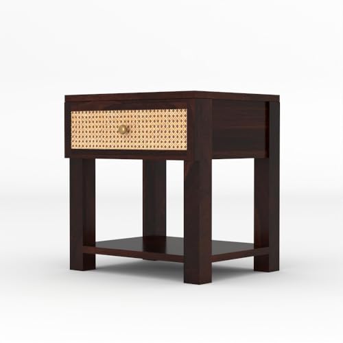 Image of Solid Sheesham Wood Bedside Table with Cane Rattan Drawer & Open Storage Shelf | Wooden Nightstand for Bedroom, Living Room & Guest Room (Walnut Finish)