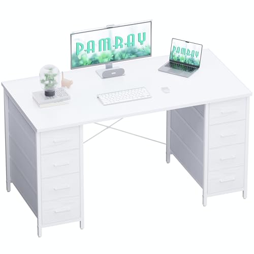 Pamray 47 Inch Computer Desk with 8 Fabric Drawers PC Gaming Desk Home Office Study Work Writing Table for Bedroom White