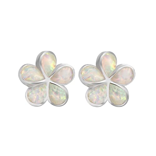 925 Sterling Silver Created Opal Hawaiian Plumeria Flower Stud Earrings, Nickel Free Hypoallergenic for Sensitive Skin, Rhodium Finished, Gift Box Included