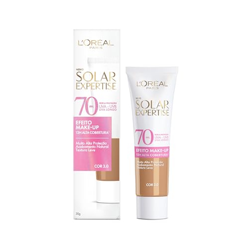 L'Oréal Paris Solar Expertise Efeito Make-Up, Protetor Solar com Cor FPS 70, Cobertura de Maquiagem por até 12h, Tripla Proteção Solar contra raios UVB, UVA, UVA Longo e Luz Visível Cor 3.0, 30g