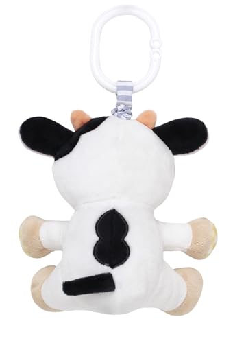 Image of Baby Starters Magic Years Cow Chime Toy with Pull and Jiggle Vibration Feature and Travel Hook, Farm Theme, Black and White, 8 inch with Hook