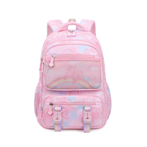 Ynport Crefreak Girls School Backpack Kids Backpack for Teen Girls Water Resistant Multi Pockets School Backpack Kawaii Book Bag for Elementary Primary School, Pink