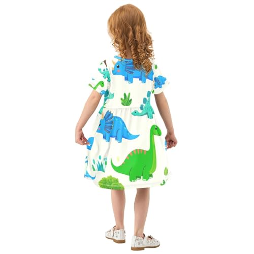 Girls Summer Cartoon Dinosaur Dress Toddler Cute Short Sleeve Sundress UPF50 Plus Playwear Outfits 2T-8T3