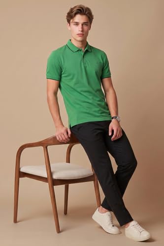 Image of Peter England Men's Snug Fit Solid Polo T-Shirt with Coloured Collar Tipping| Cotton Rich| Premium Pique Weave