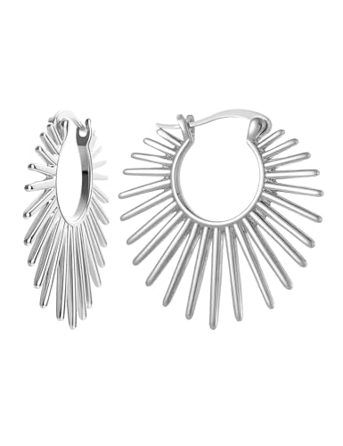 Statement Silver Sun Earrings for Women – Large 925 Silver Plated Trendy Hoop Earrings Non Tarnish Hypoallergenic Jewelry for Womens Fashion Big Earings for Woman