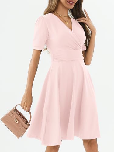 Image of Women's Summer Casual Dress Short Sleeve Wrap V-Neck A-Line Dress Sundress Wedding Guest Cocktail Midi Dresses